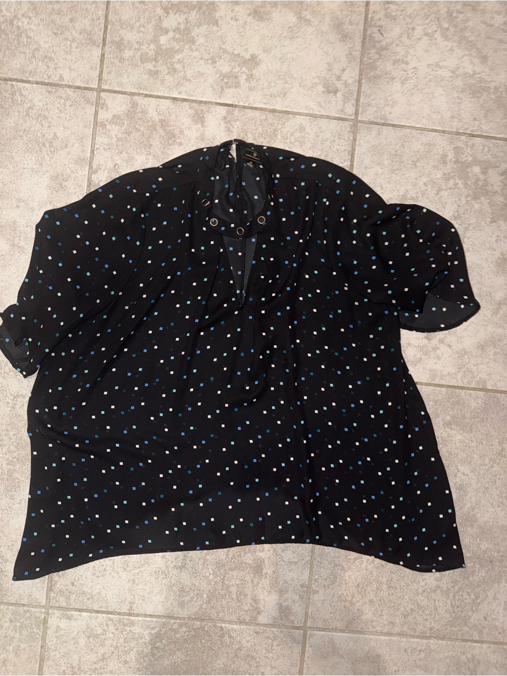 Worthington Black V-Neck Blouse with Blue and White Square Print
